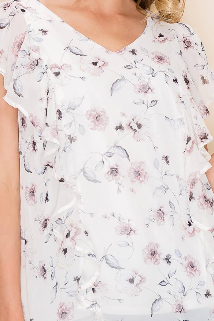 FLORAL V NECK SLEEVELESS RUFFLE BLOUSE