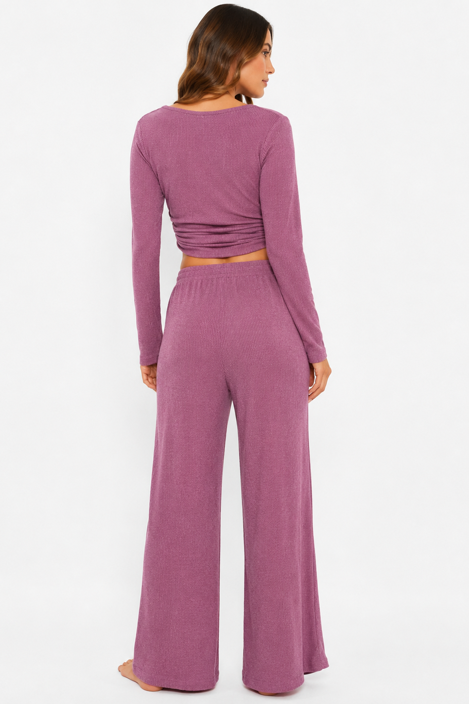 Ribbed crop long sleeve top with straight leg loungewear set