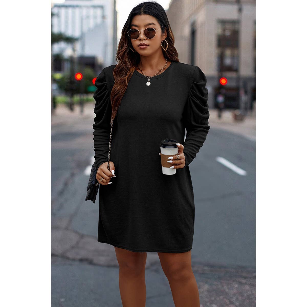 Plus Size Solid Round Neck Ruched Fit Dress
