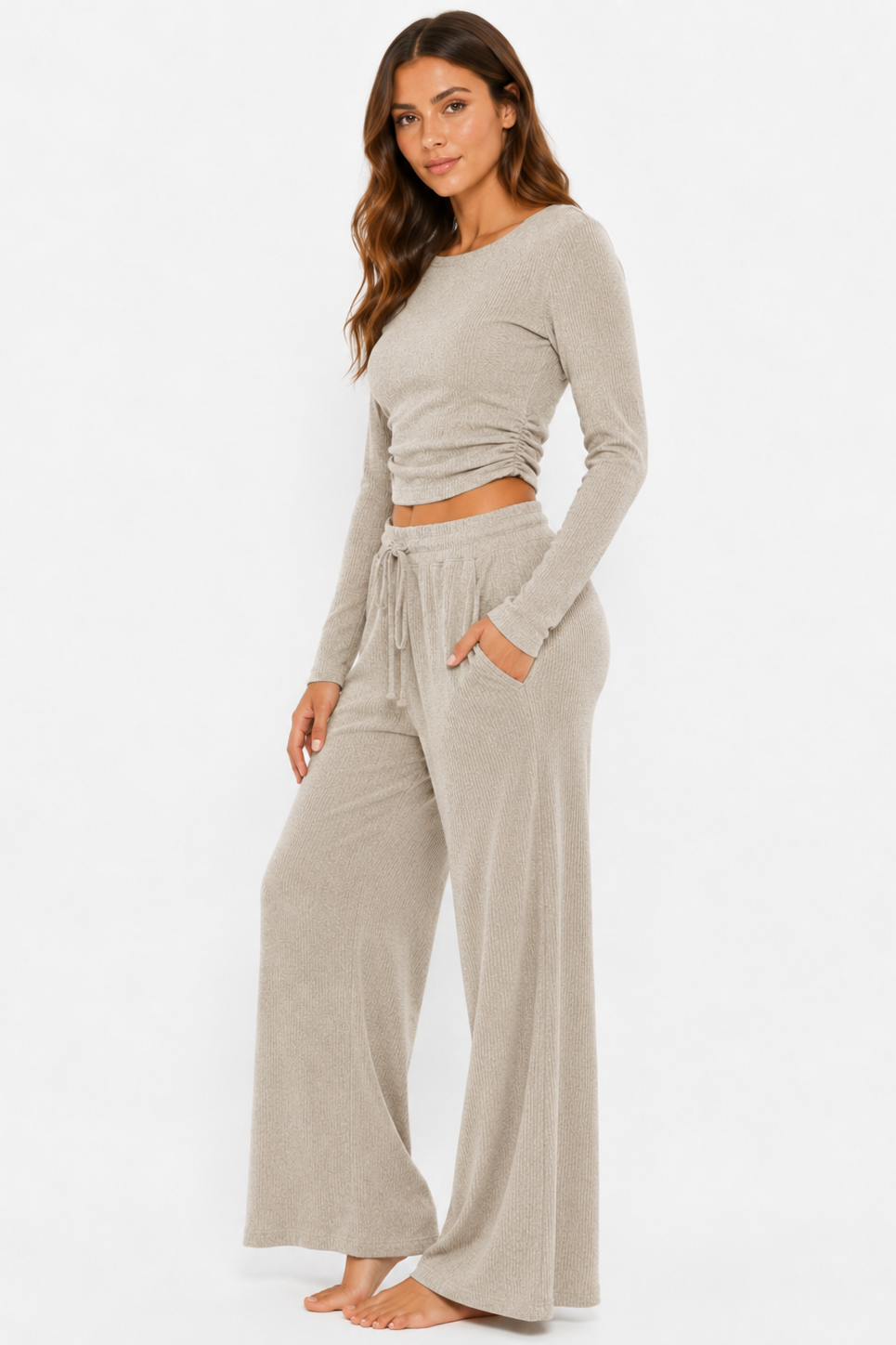 Ribbed crop long sleeve top with straight leg loungewear set