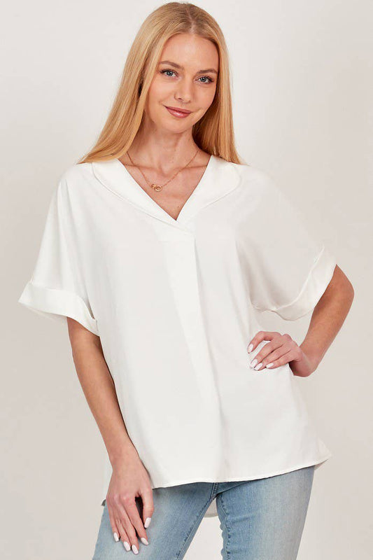 SOLID COLLARED SHORT SLEEVE LOOSE BOXY TOP