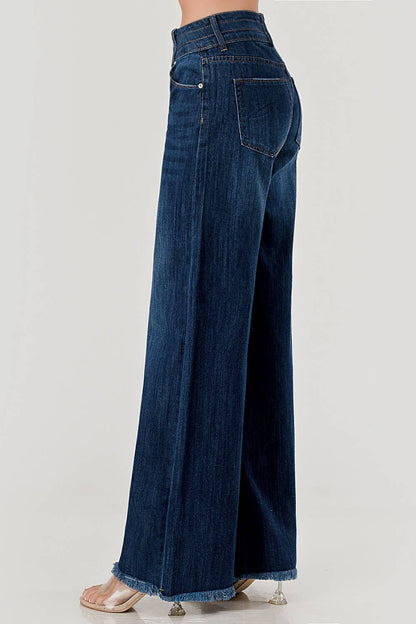 Dark Wash - Mid Rise Wide Leg Jeans With Fray Hem