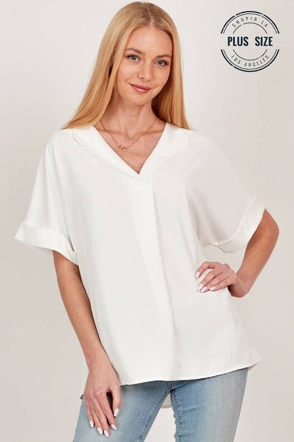PLUS SOLID COLLARED SHORT SLEEVE LOOSE BOXY TOP