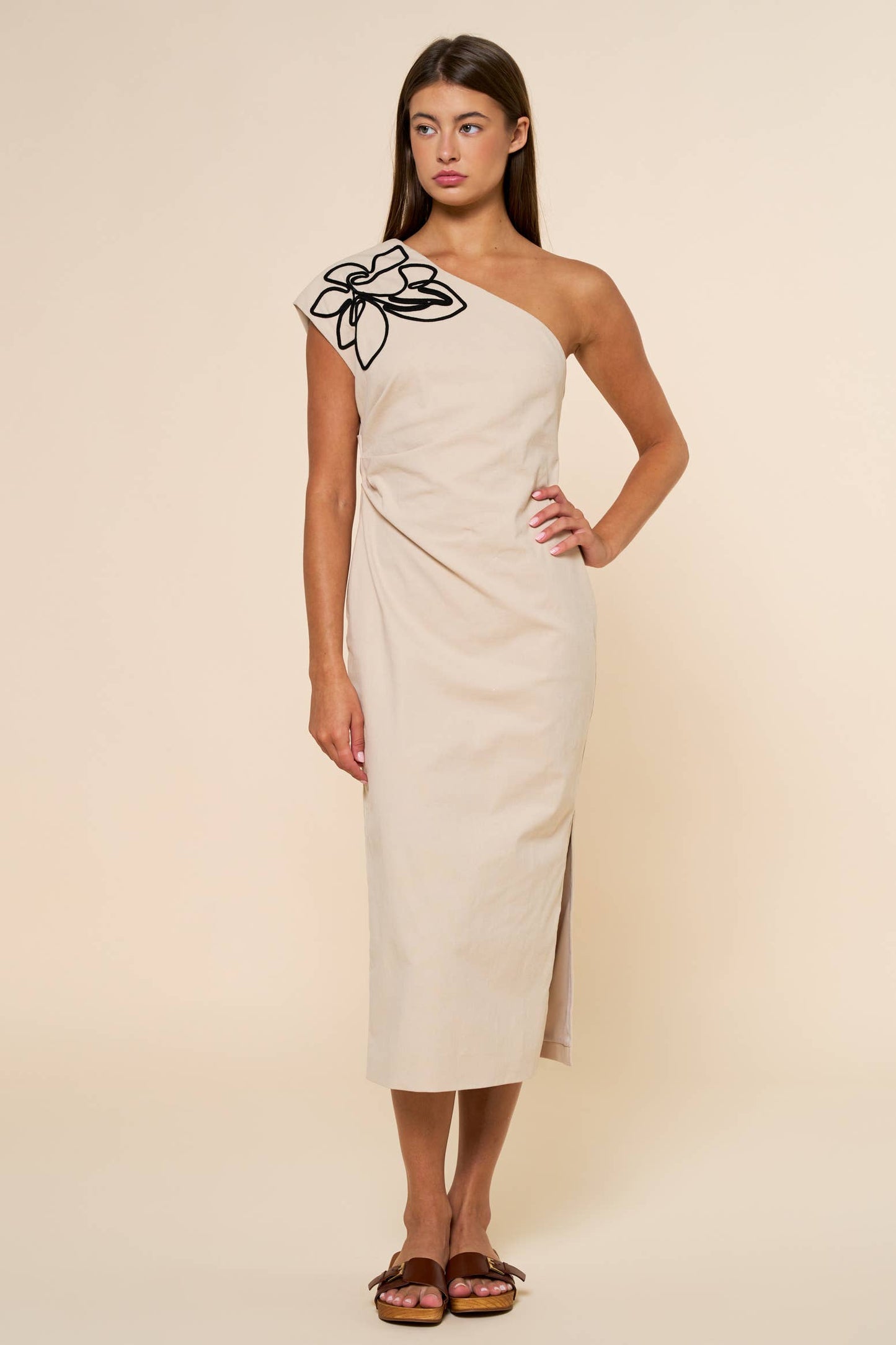 Flower Embroidery One Shoulder Midi Dress