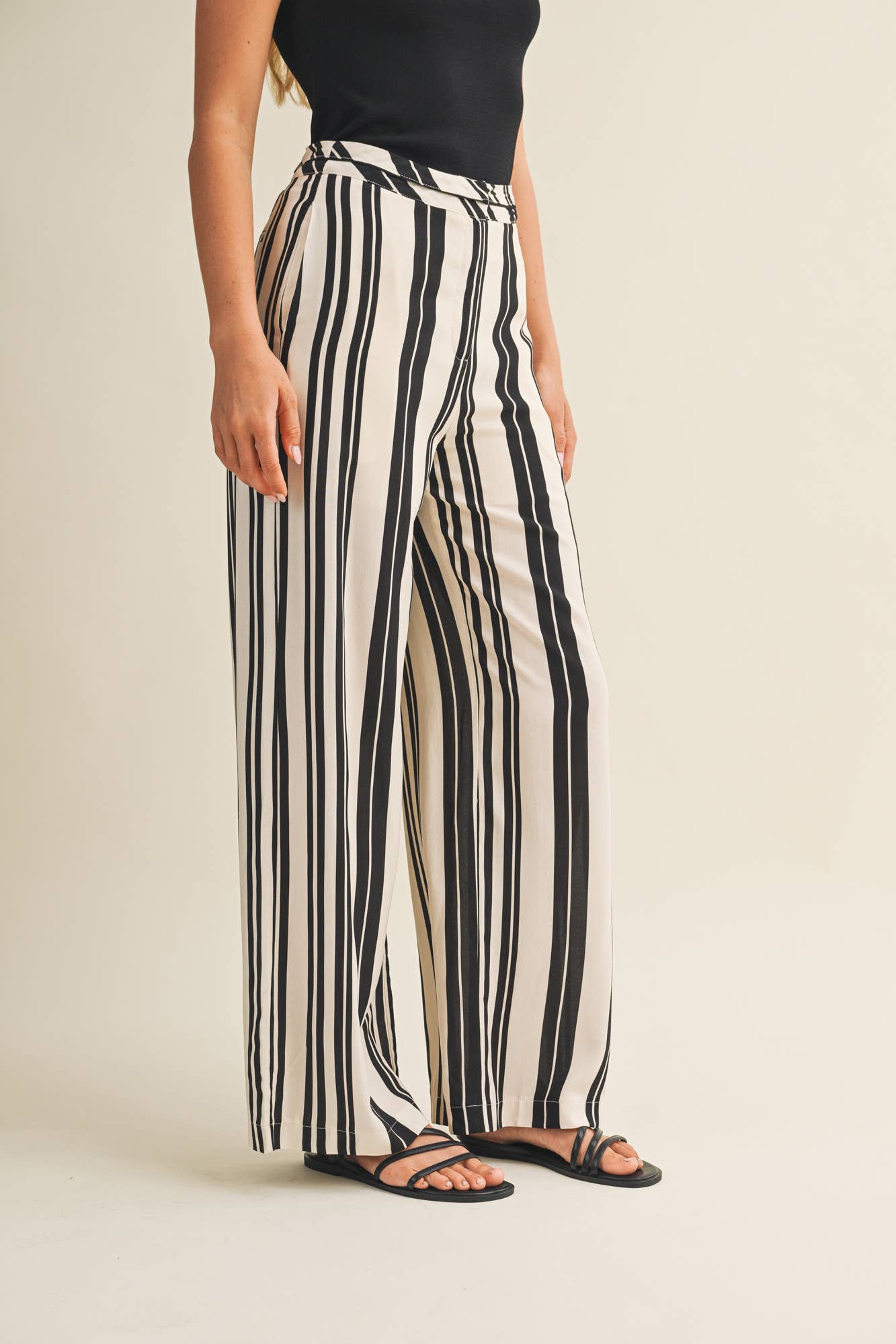 Crossover Waist Wide-Leg Striped Trousers