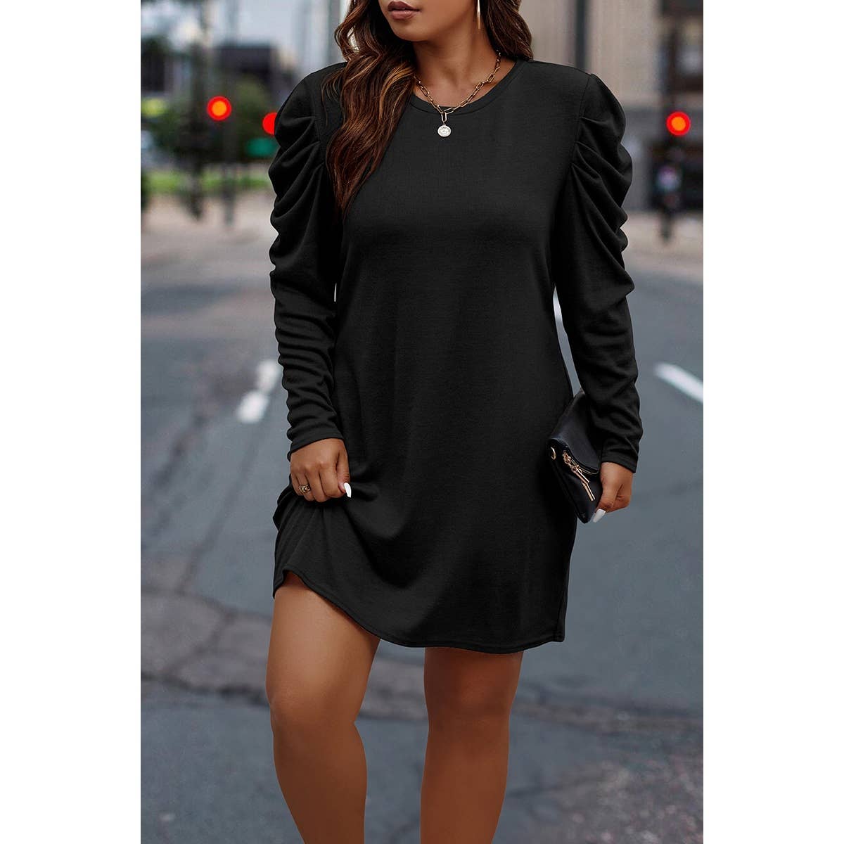 Plus Size Solid Round Neck Ruched Fit Dress