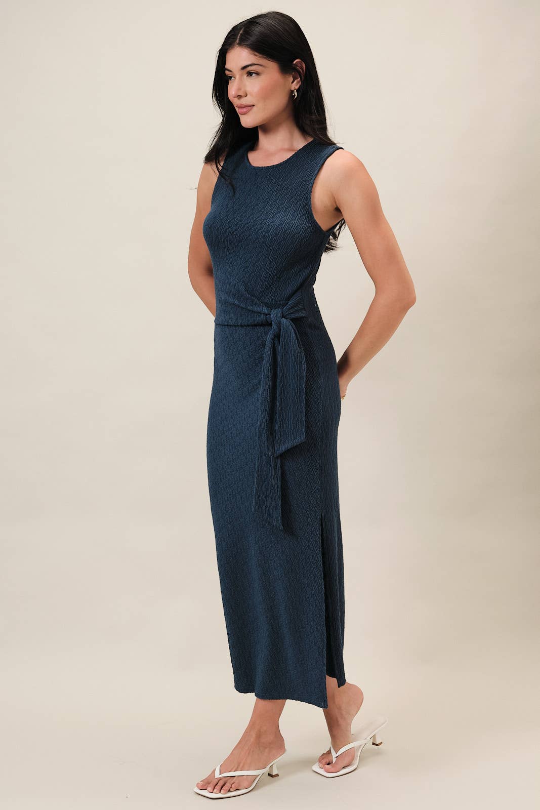 Round Neck Sleeveless Side Tie Textured Midi Dress