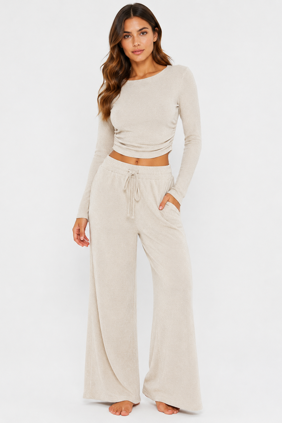 Ribbed crop long sleeve top with straight leg loungewear set