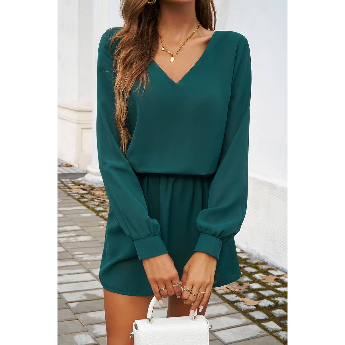 V Neck V Back Plain Solid Elastic Waist Dress