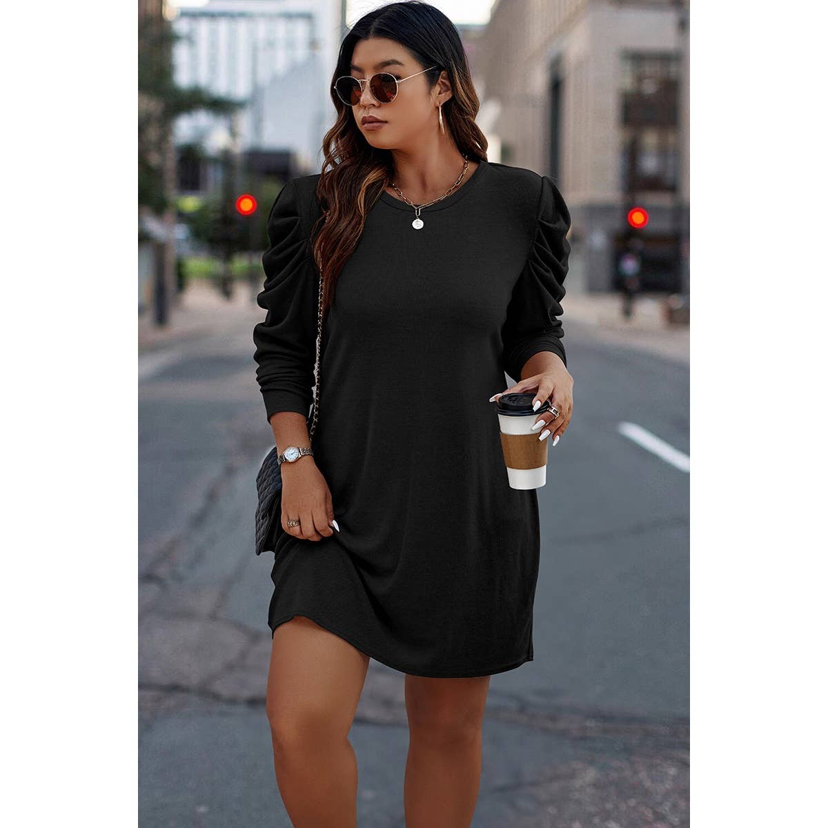 Plus Size Solid Round Neck Ruched Fit Dress