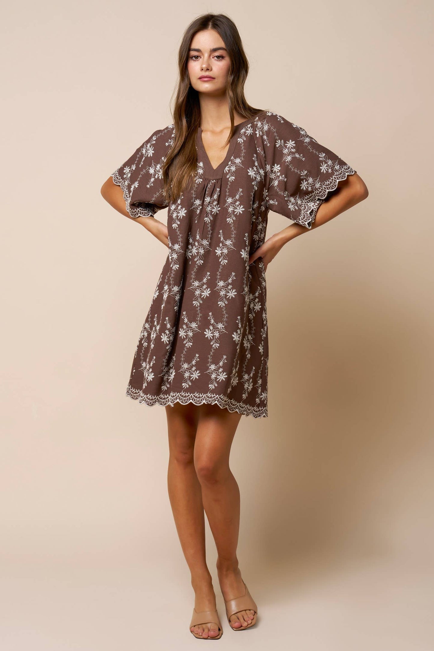 Floral Embroidered Scallop Hem Mini Dress