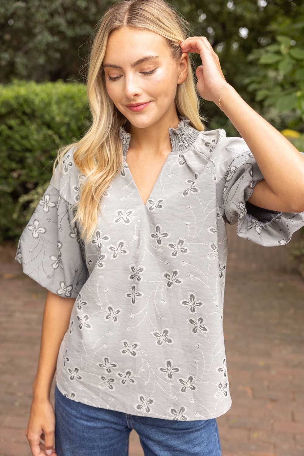 Smocked V-Neck Floral Cotton Jacquard Top