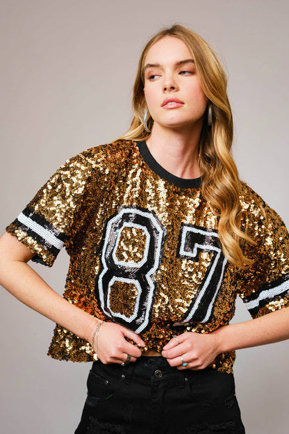 Sequin Game Day Crop Varsity Top