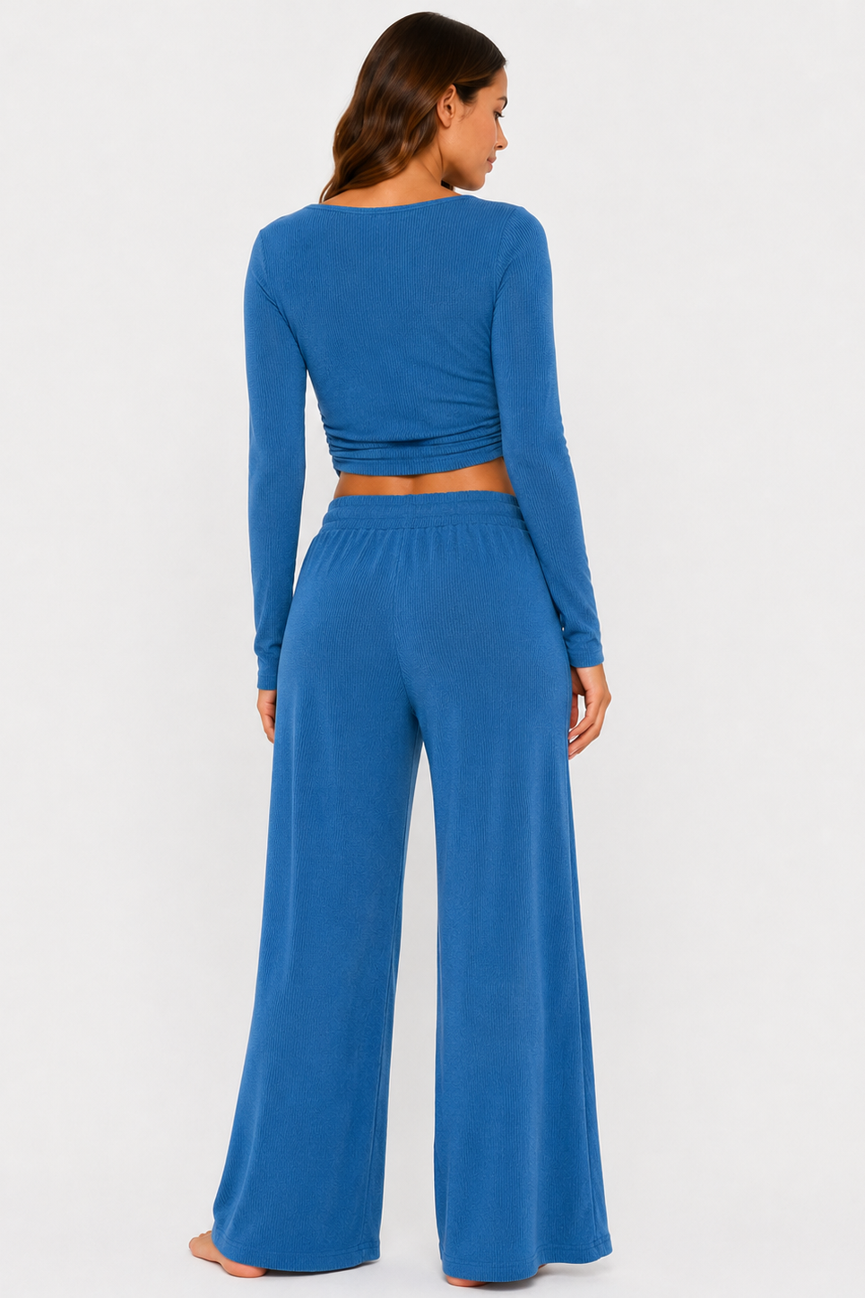 Ribbed crop long sleeve top with straight leg loungewear set