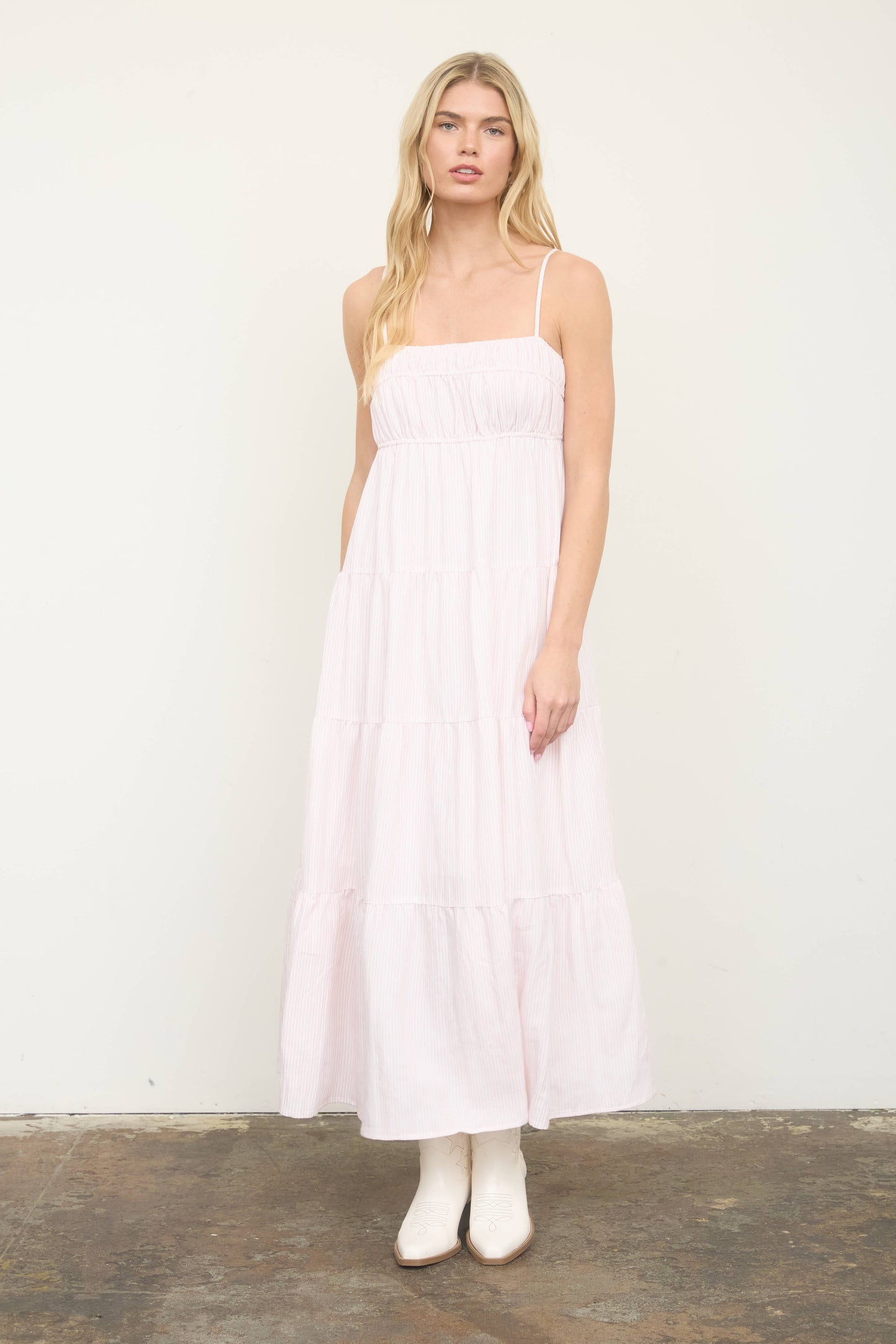 STRIPE SHIRRED EMPIRE WAIST TIERED MIDI DRESS