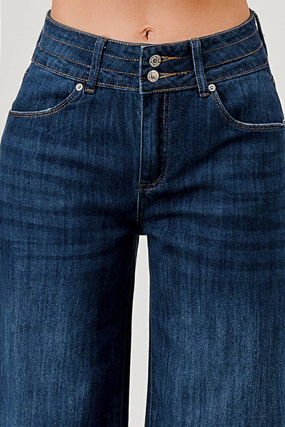 Dark Wash - Mid Rise Wide Leg Jeans With Fray Hem