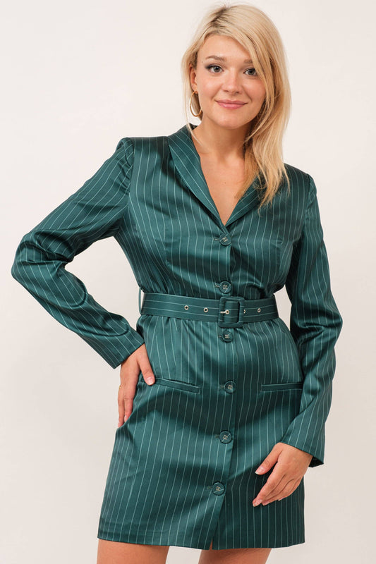 Long sleeve striped satin blazer dress