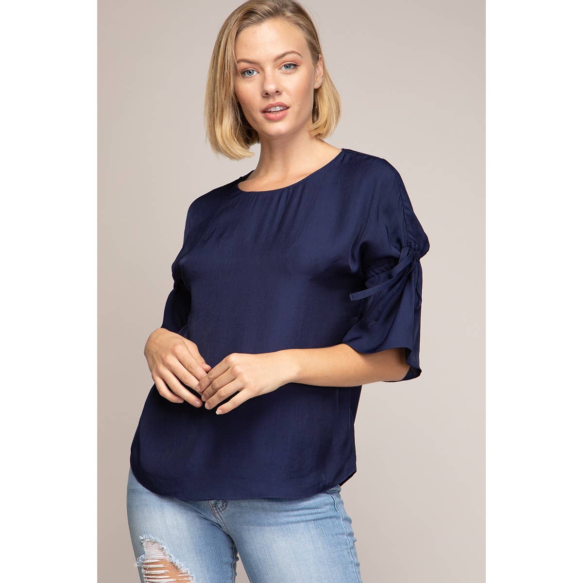 Boat Neck Blouse With Sleeve Ties