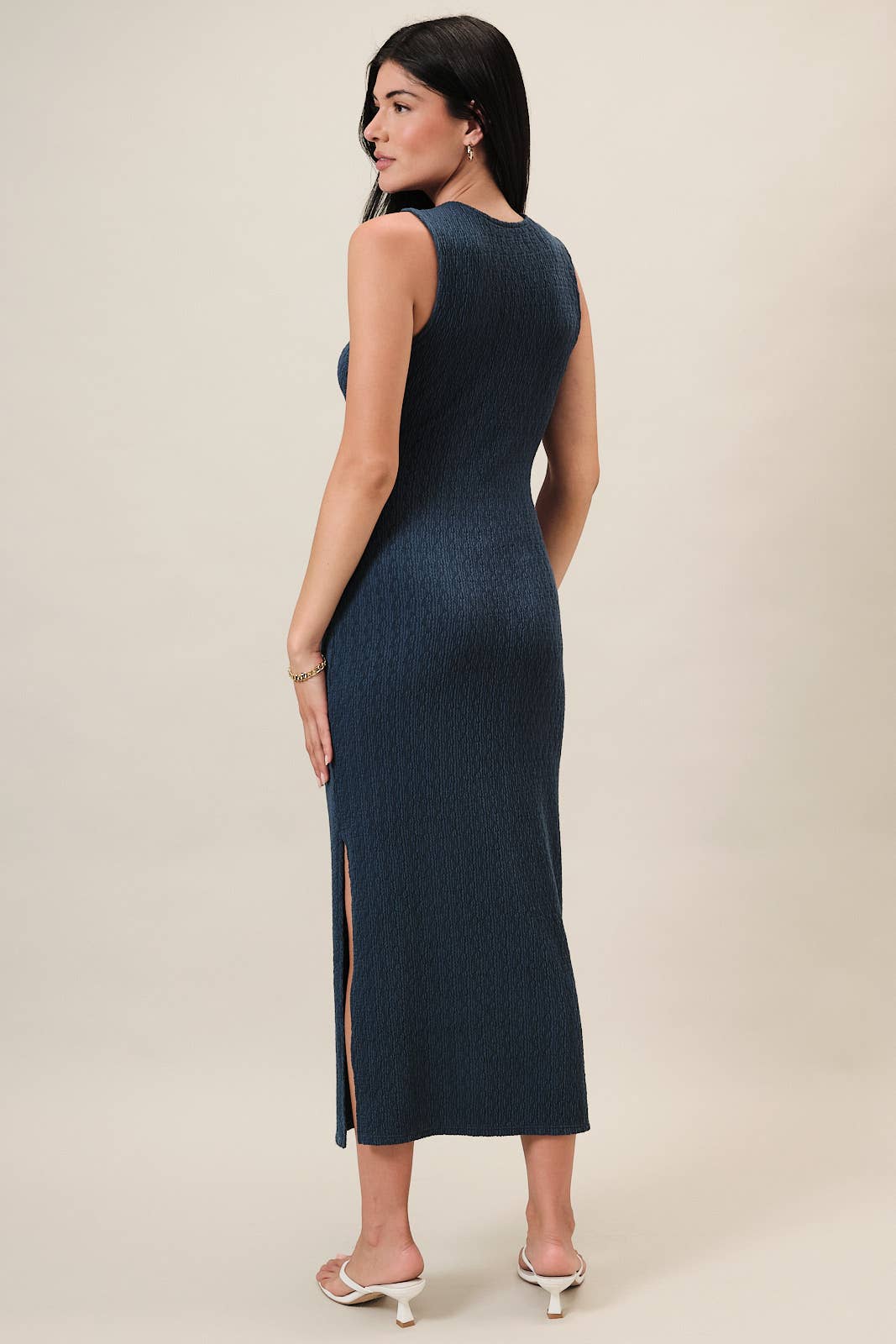 Round Neck Sleeveless Side Tie Textured Midi Dress