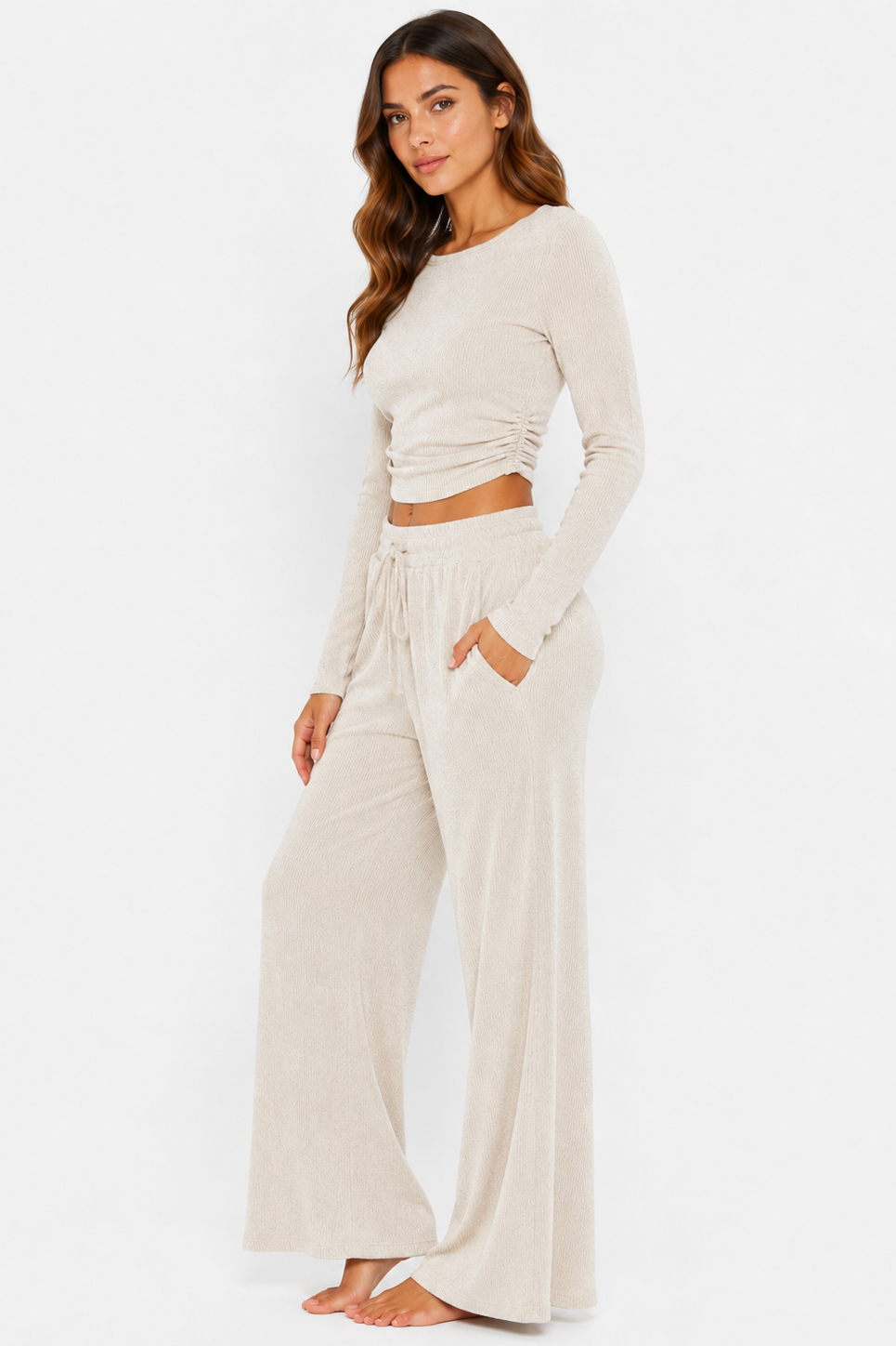 Ribbed crop long sleeve top with straight leg loungewear set