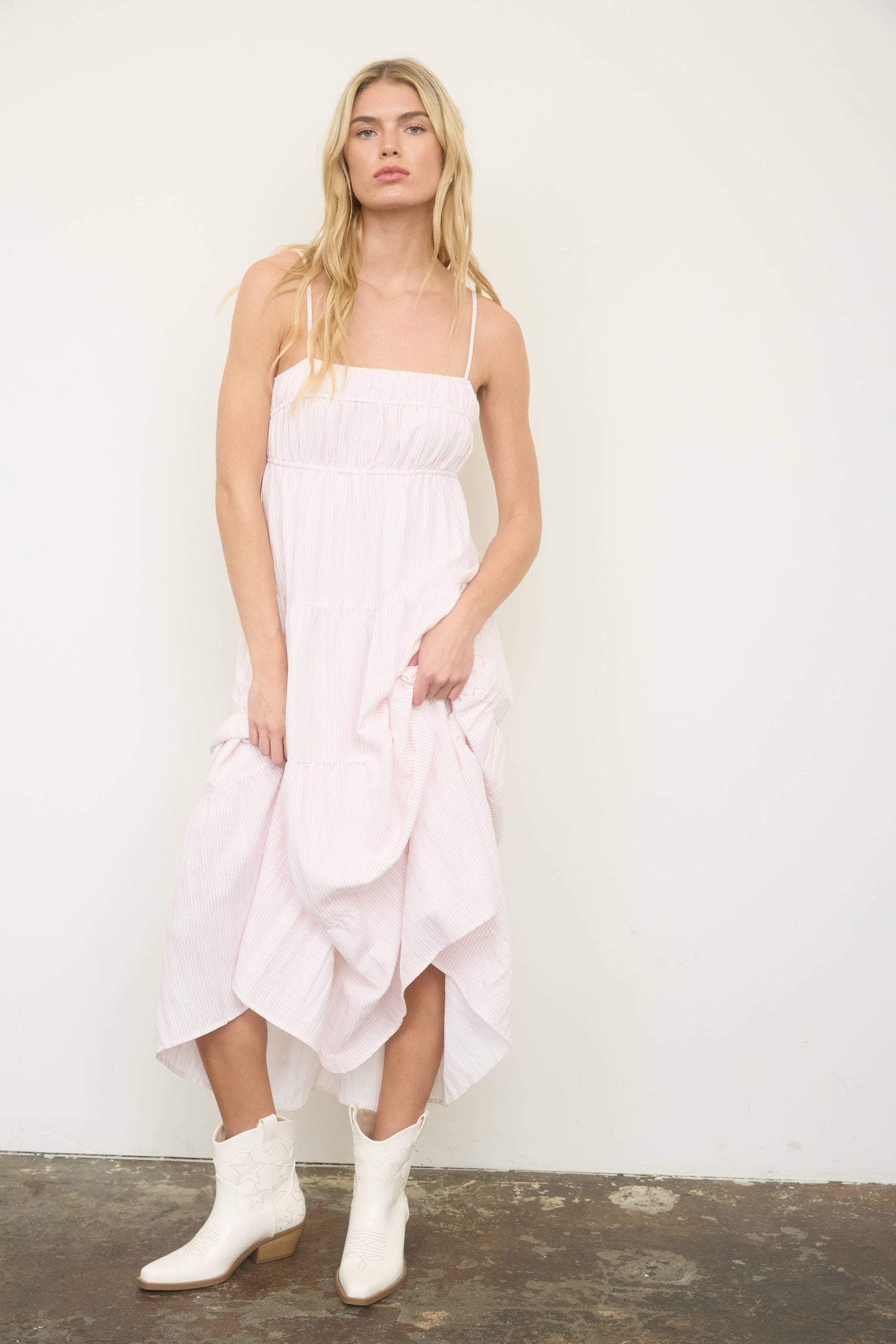 STRIPE SHIRRED EMPIRE WAIST TIERED MIDI DRESS