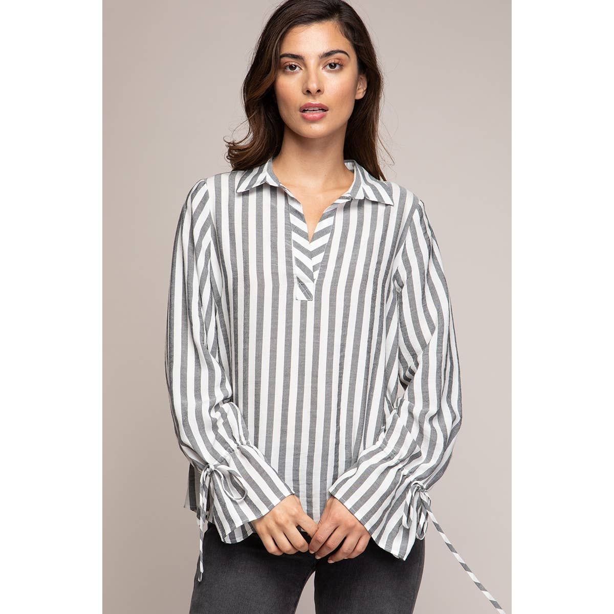 V-neck Collared Blouse With Tie Cuffs