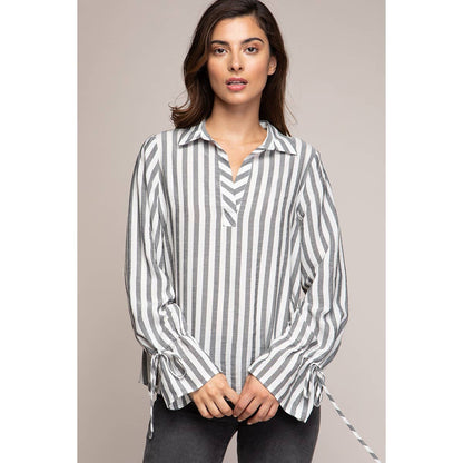 V-neck Collared Blouse With Tie Cuffs