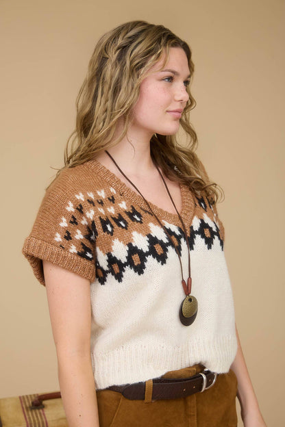 FAIR ISLE V NECK SHORT SLEEVE KNIT SWEATER
