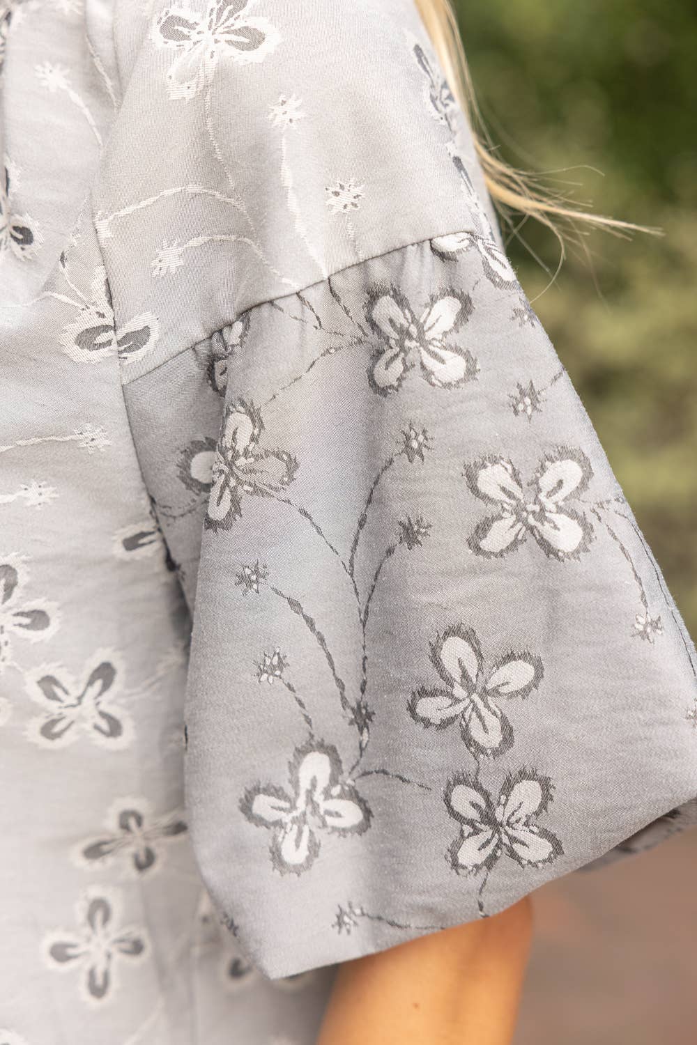 Smocked V-Neck Floral Cotton Jacquard Top