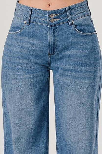 MC5213HW - Medium Wash - Mid Rise Wide Leg Jeans w/Fray Hem