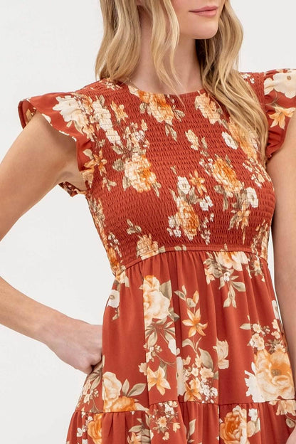 SMOCKED TIERED FLORAL MIDI DRESS