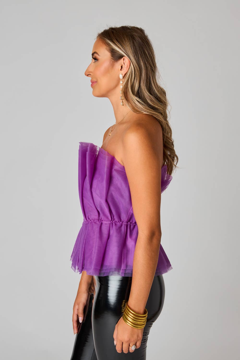 Giselle Iris Purple Pleated Tulle Strapless Top
