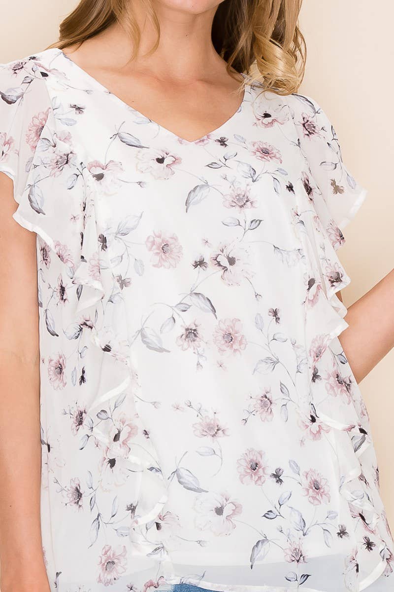 FLORAL V NECK SLEEVELESS RUFFLE BLOUSE