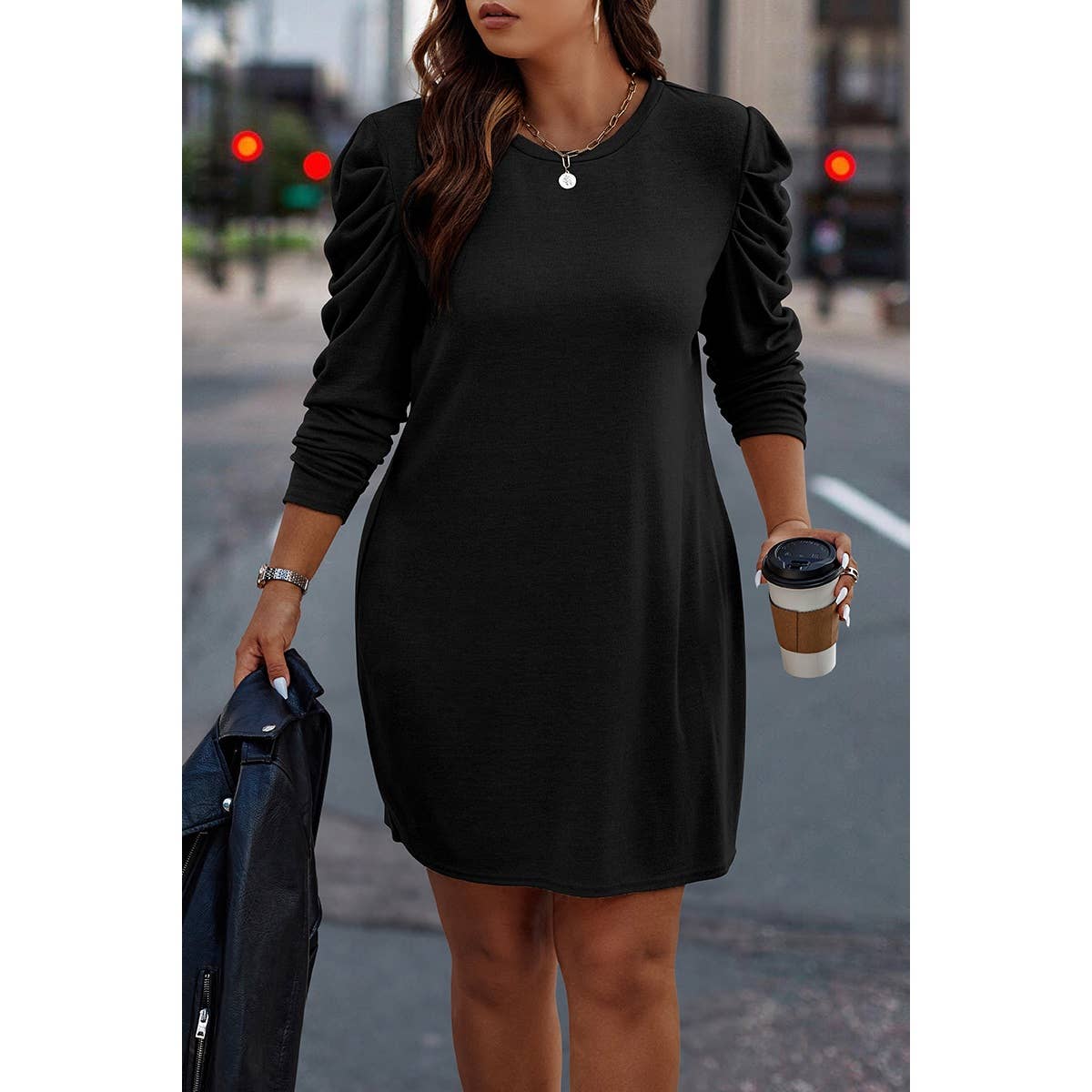 Plus Size Solid Round Neck Ruched Fit Dress