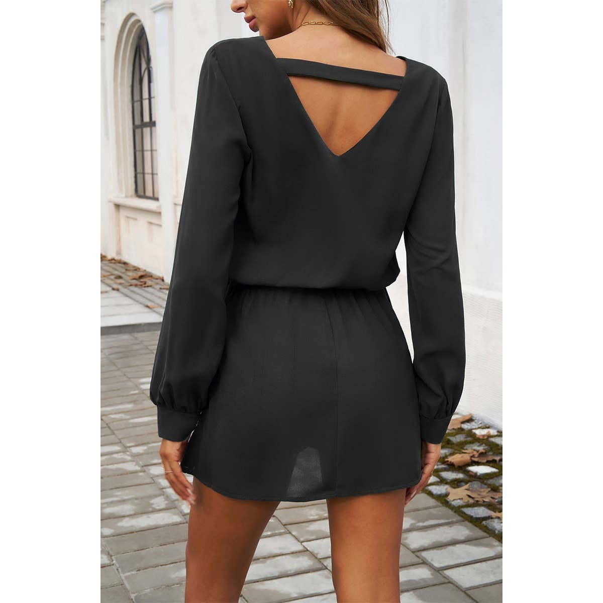 V Neck V Back Plain Solid Elastic Waist Dress