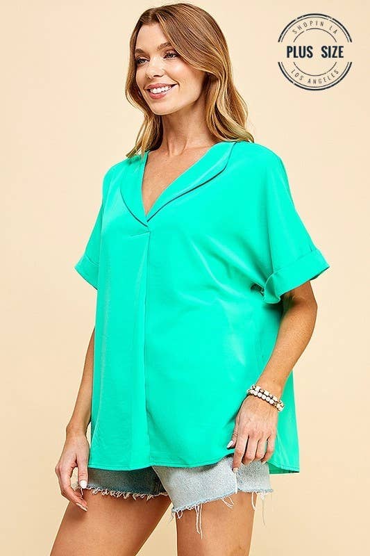 PLUS SOLID COLLARED SHORT SLEEVE LOOSE BOXY TOP
