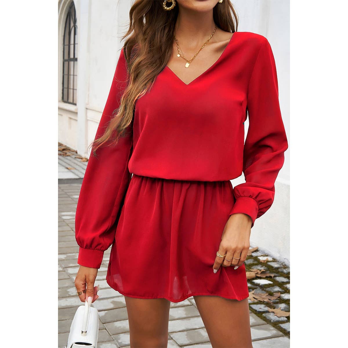 V Neck V Back Plain Solid Elastic Waist Dress