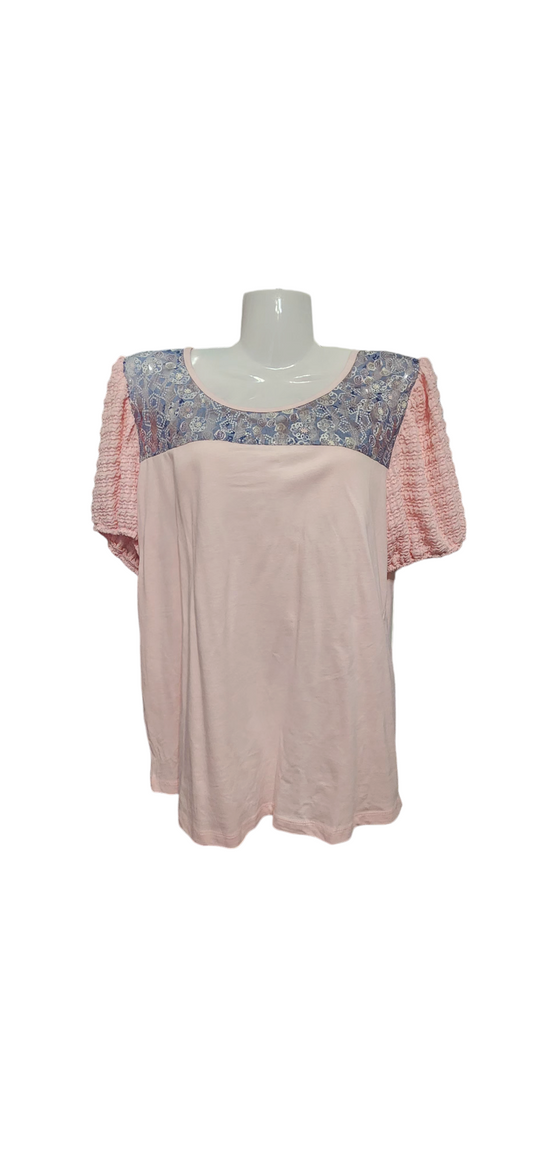Pink Top With Floral Lace and Puff Sleeve