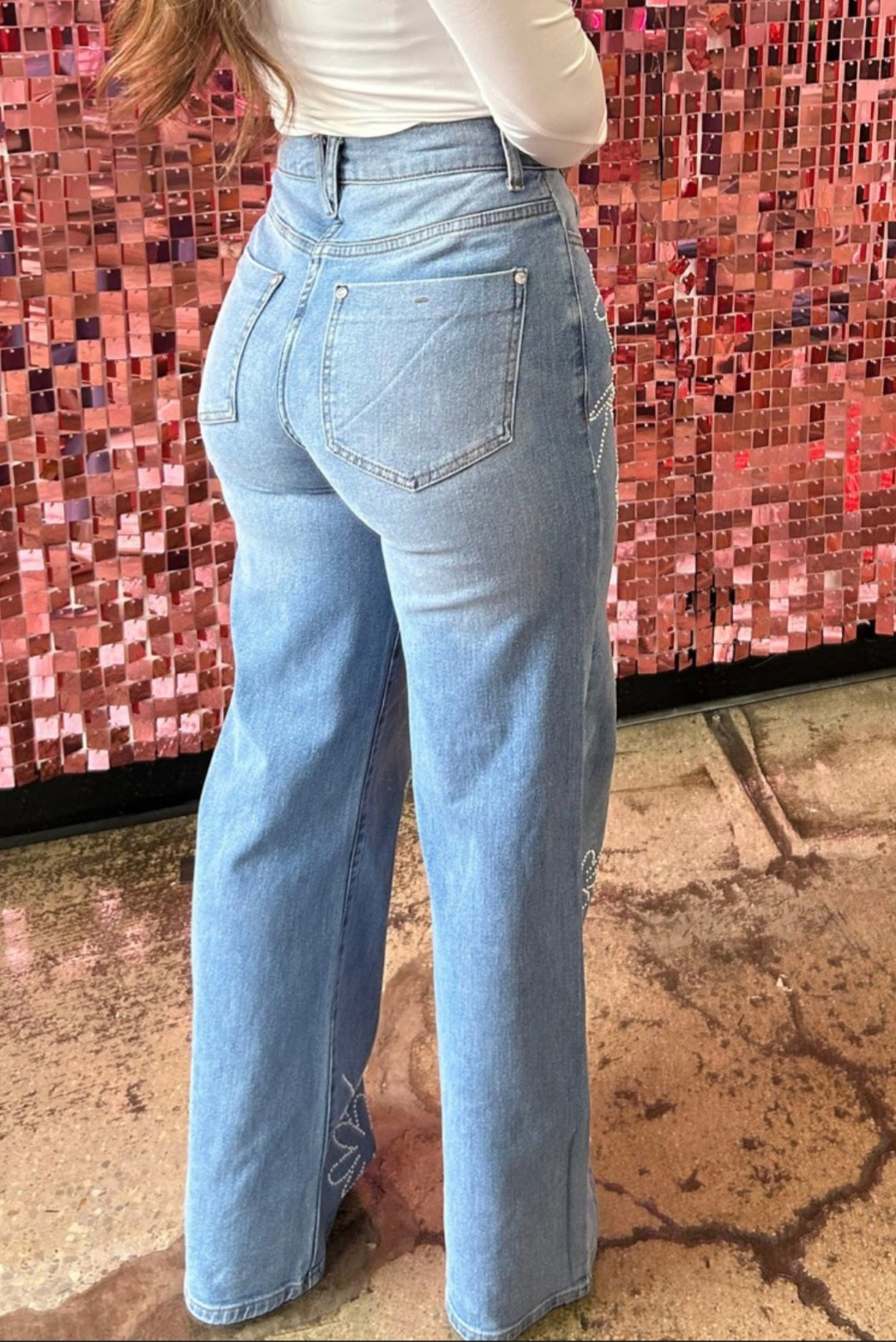 Light Blue Floral Rhinestone Decor High-Rise Wide-Leg Denim Jeans