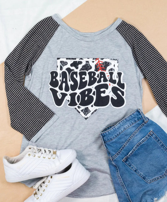 BASEBALL VIBES on Light Grey Raglan with Black Stripped Sleeves
