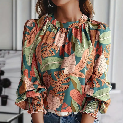 Tropical Print Smocked Blouse