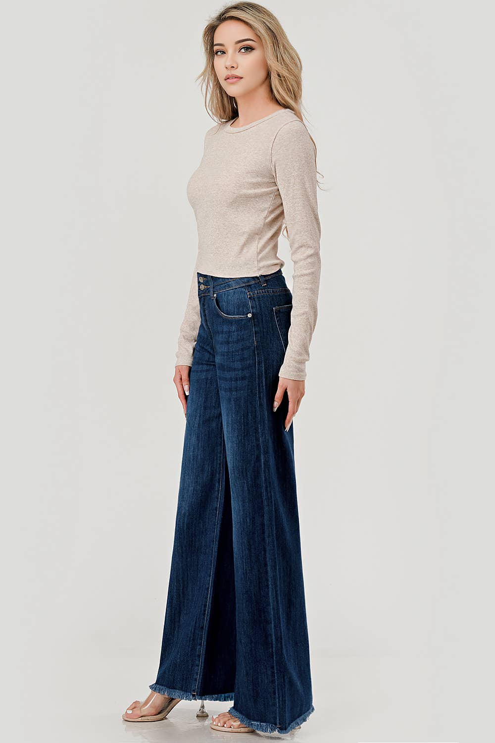Dark Wash - Mid Rise Wide Leg Jeans With Fray Hem