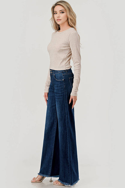 Dark Wash - Mid Rise Wide Leg Jeans With Fray Hem