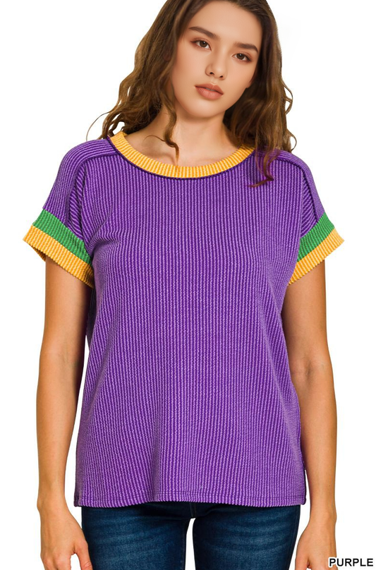 Mardi Gras Tri-color Contrast Trim Top