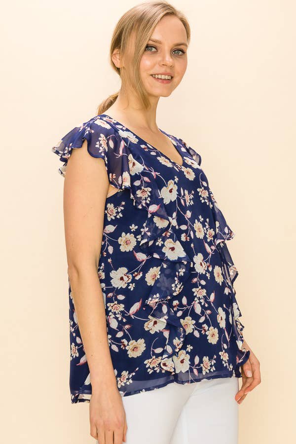 FLORAL V NECK SLEEVELESS RUFFLE BLOUSE