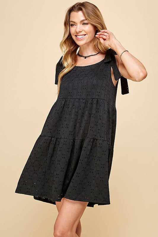 EYELET TIERED MINI DRESS WITH RIBBON TIE