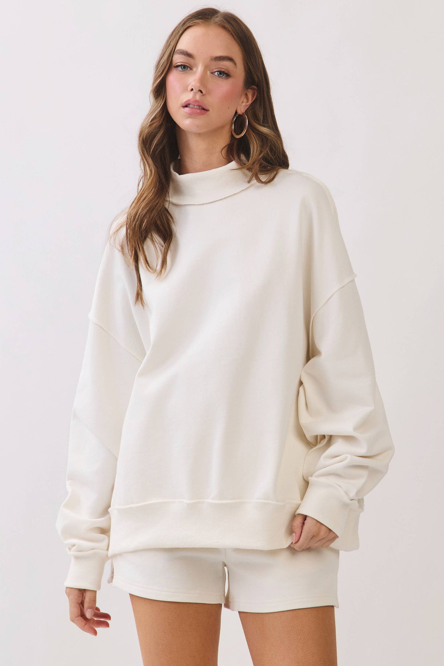 CT9799-Soft Knit Drop Shoulder Mock Neck Pullover Top