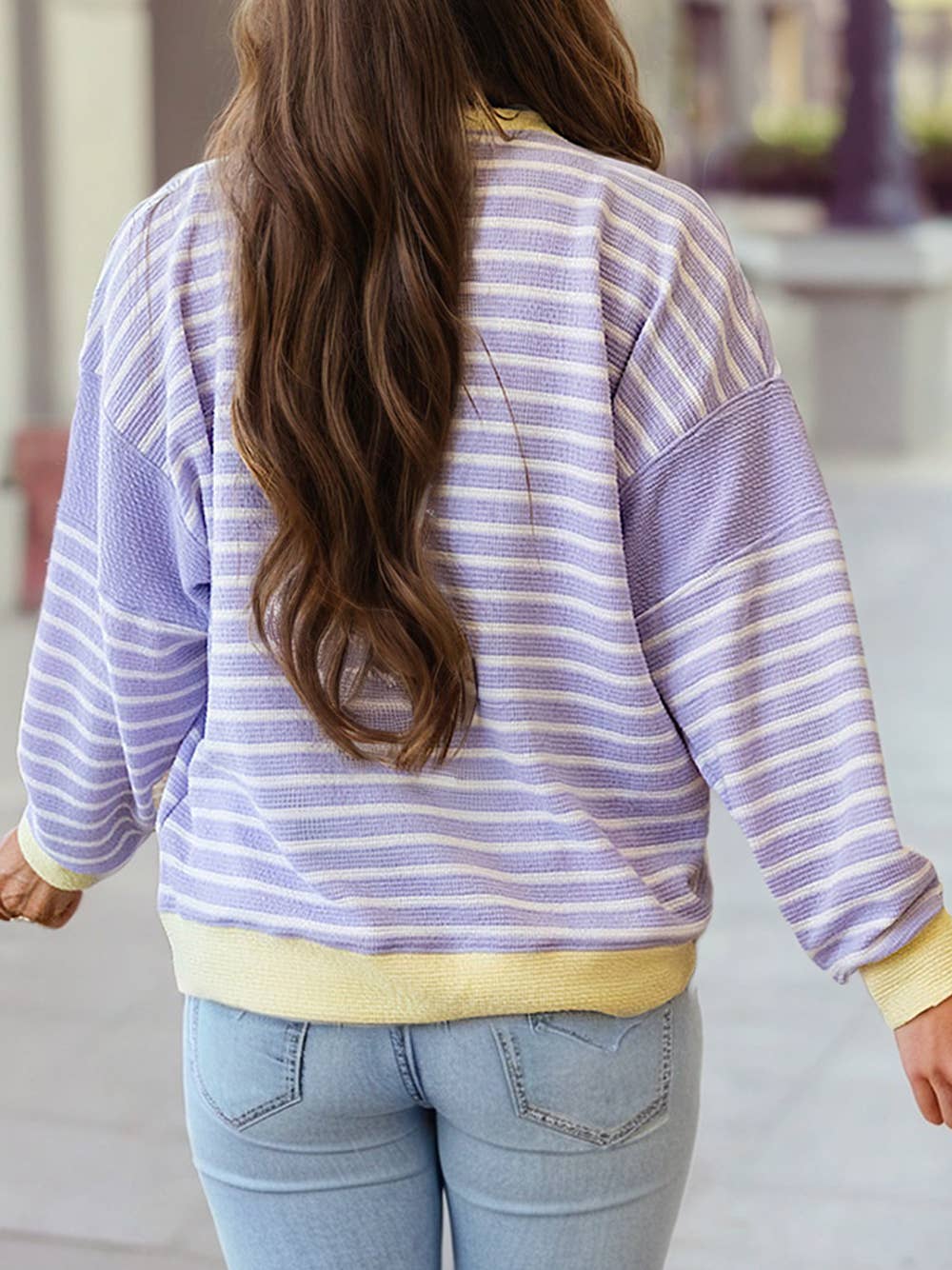 Stripe Trim Colorblock Patchwork Drop Shoulder Knit Top