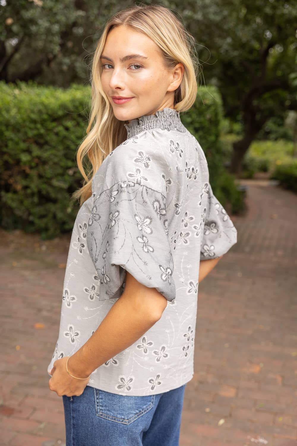 Smocked V-Neck Floral Cotton Jacquard Top