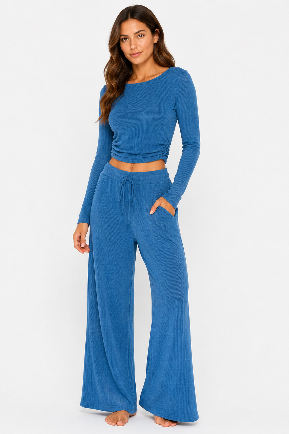 Ribbed crop long sleeve top with straight leg loungewear set